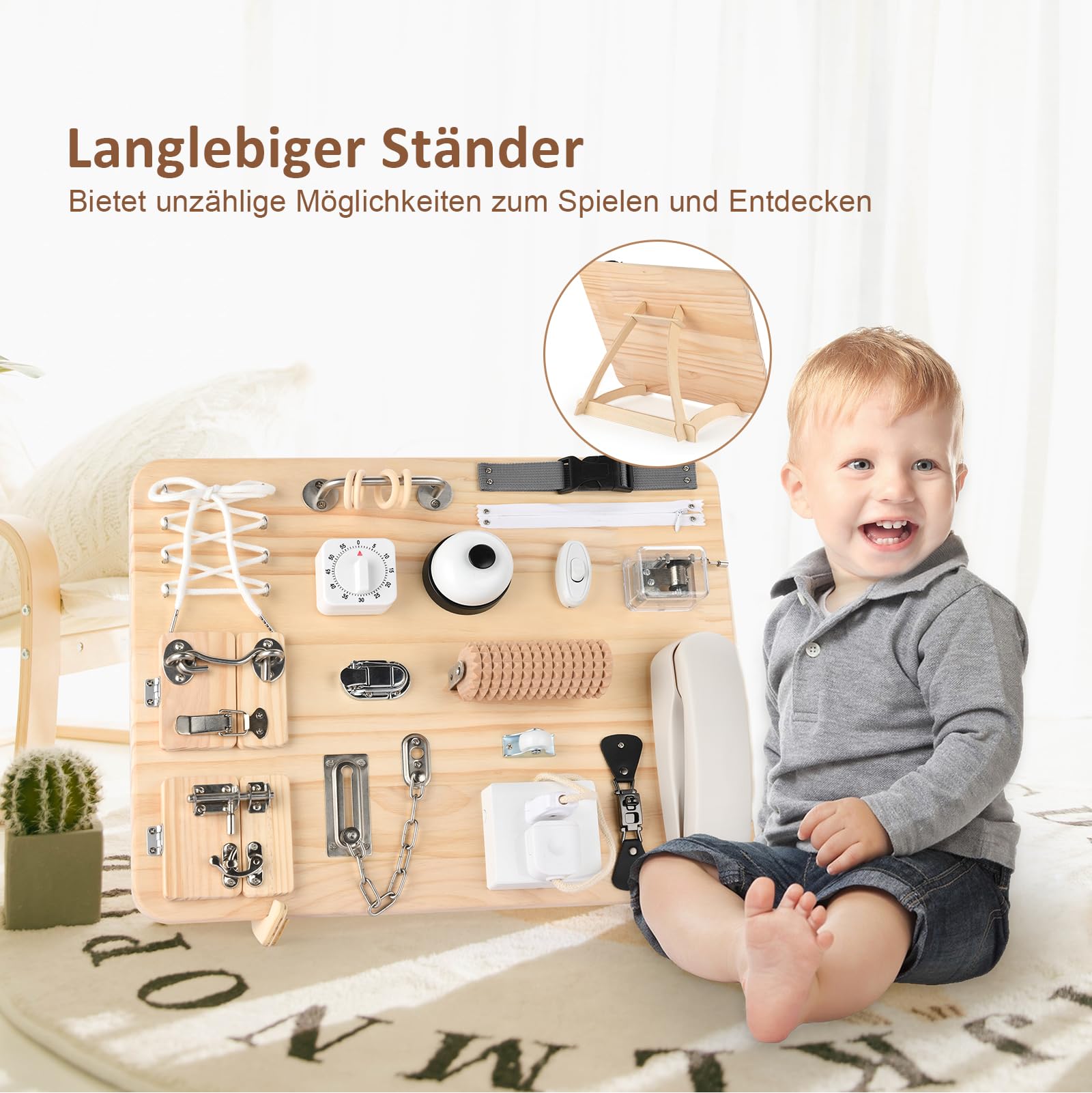 Potatomato Montessori Busy Board 21-in-1 Holzspielzeug Lernspielzeug Kinder Sensorik- Motorikspielzeug mit Puzzle - Babyspielzeug Geschenk für Jungen Mädchen Autismus Spielzeug