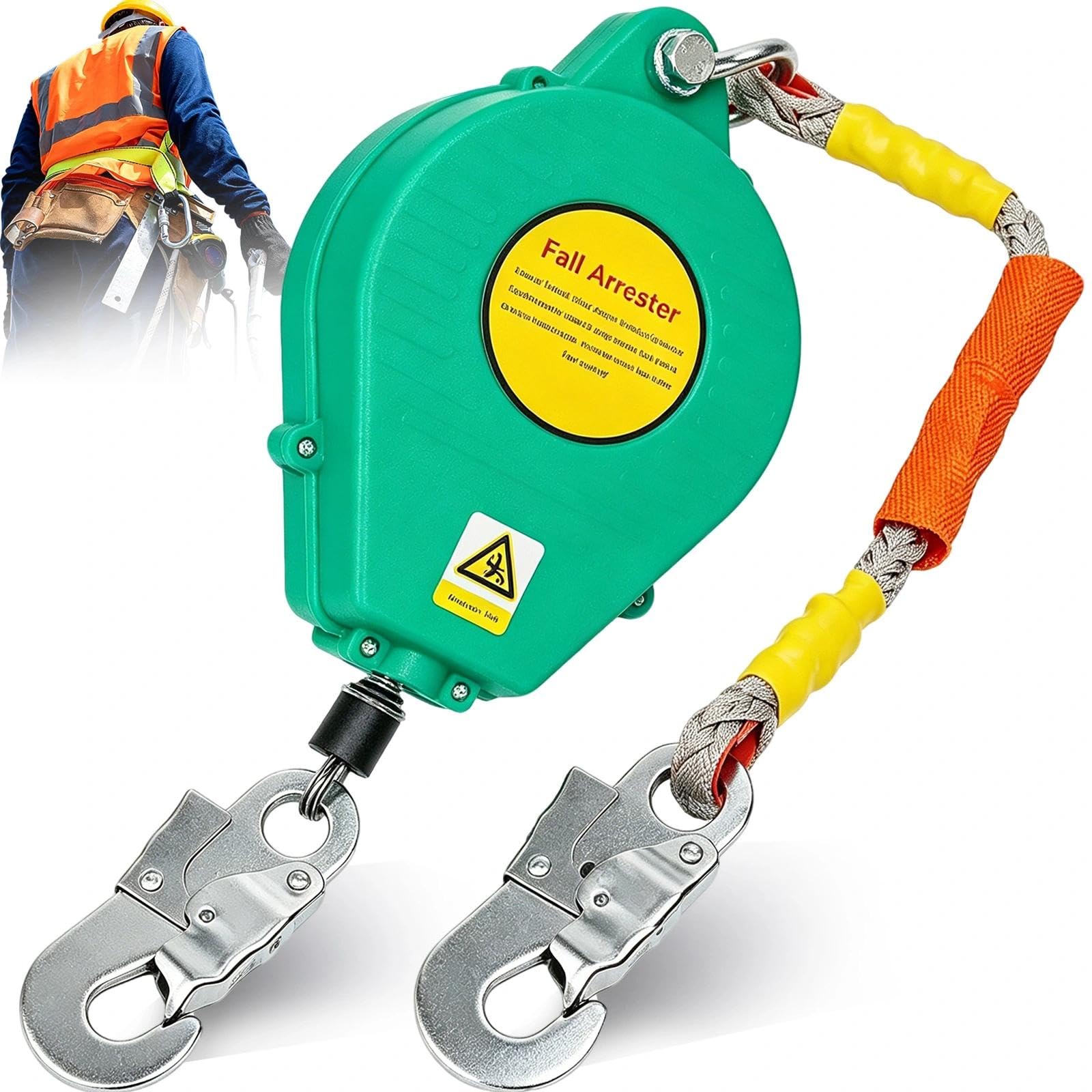 Dispositif Antichute a Rappel Automatique 3-20m, 150kg Harnais de Securite Anti Chute Toiture Certifié, Stop Chute Toiture Rétractable avec Crochet de Sécurité Autobloquant(Vert,5m)