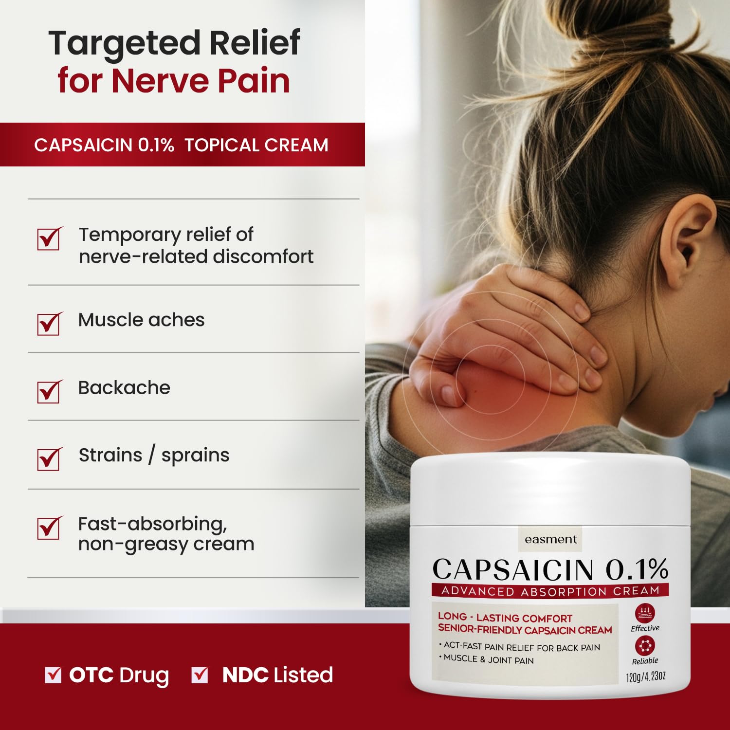 Capsaicin Pain Relief Cream – Topical & Muscle Pain Relief for Joint, Nerve & Back Pain – Medicated Pain Cream with Capsaicin 0.1% – Arnica, Aloe & Chamomile, 4.23 Fl Oz — Amazon image 2