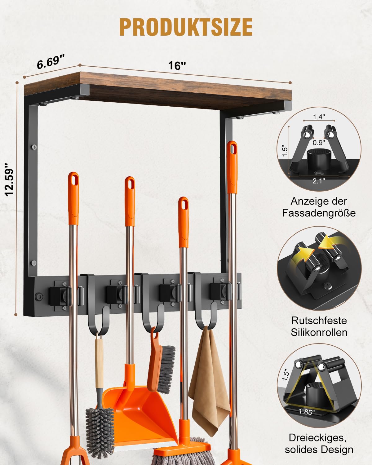 Porta scope da parete con mensola superiore in legno, supporto in metallo resistente per accessori di pulizia con 4 supporti e 3 ganci per lavanderia, garage, ripostiglio e cucina (Piccolo)