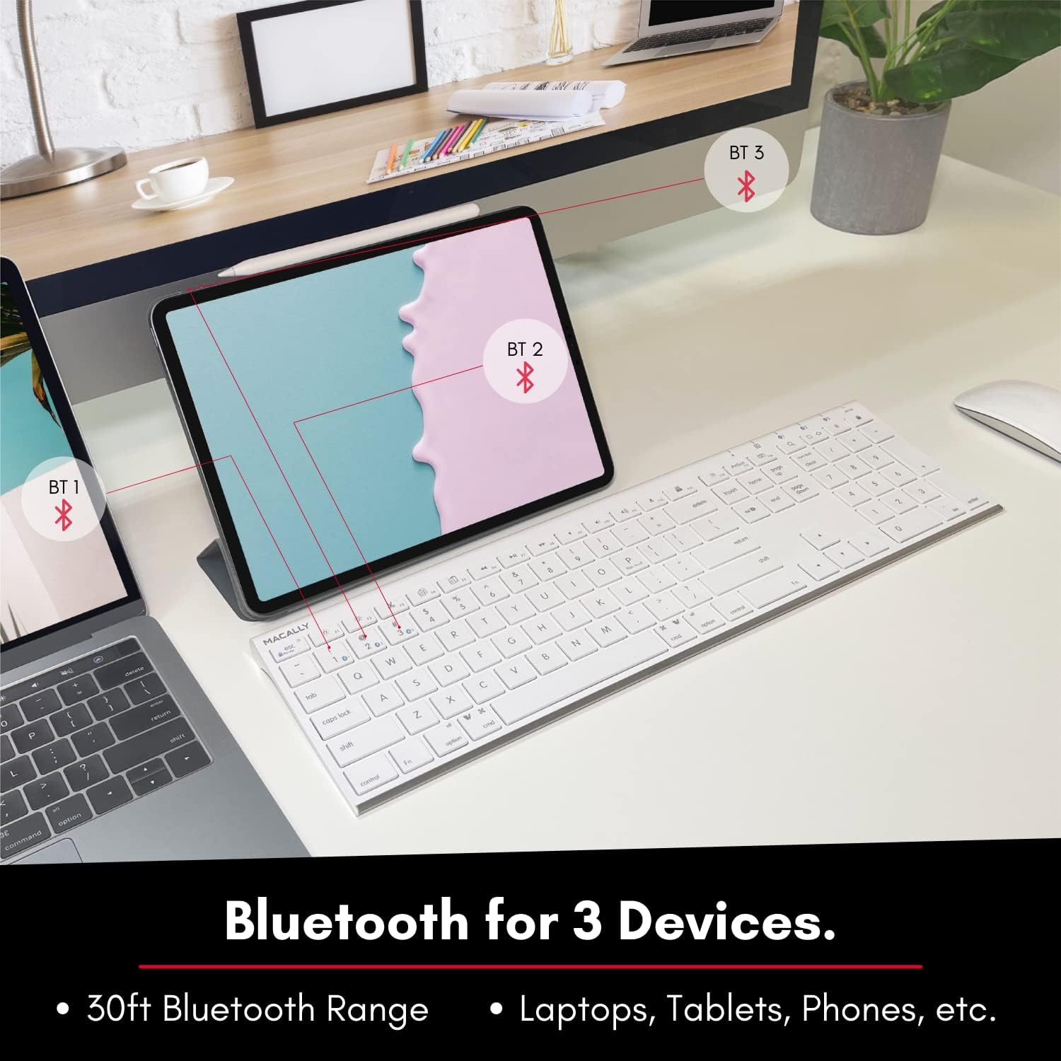 Macally Wireless Bluetooth Keyboard for Mac or Windows PC - Compatible Apple Keyboard Rechargeable - Multi-Device Keyboard, Up to 3 Devices with 110 Keys, 20 Shortcuts, and Numeric Keypad - White