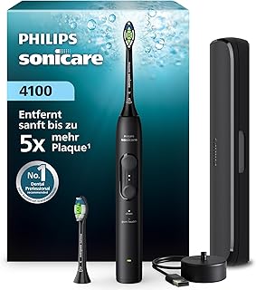 Philips Sonicare Series 4100 Elektrische Zahnbürste – Schallzahnbürste mit Drucksensor, 4 Putzeinstellungen, EasyStart, SmarTimer, 21 Tage Laufzeit, Reiseetui, Schwarz, HX4044/52, [Neu]