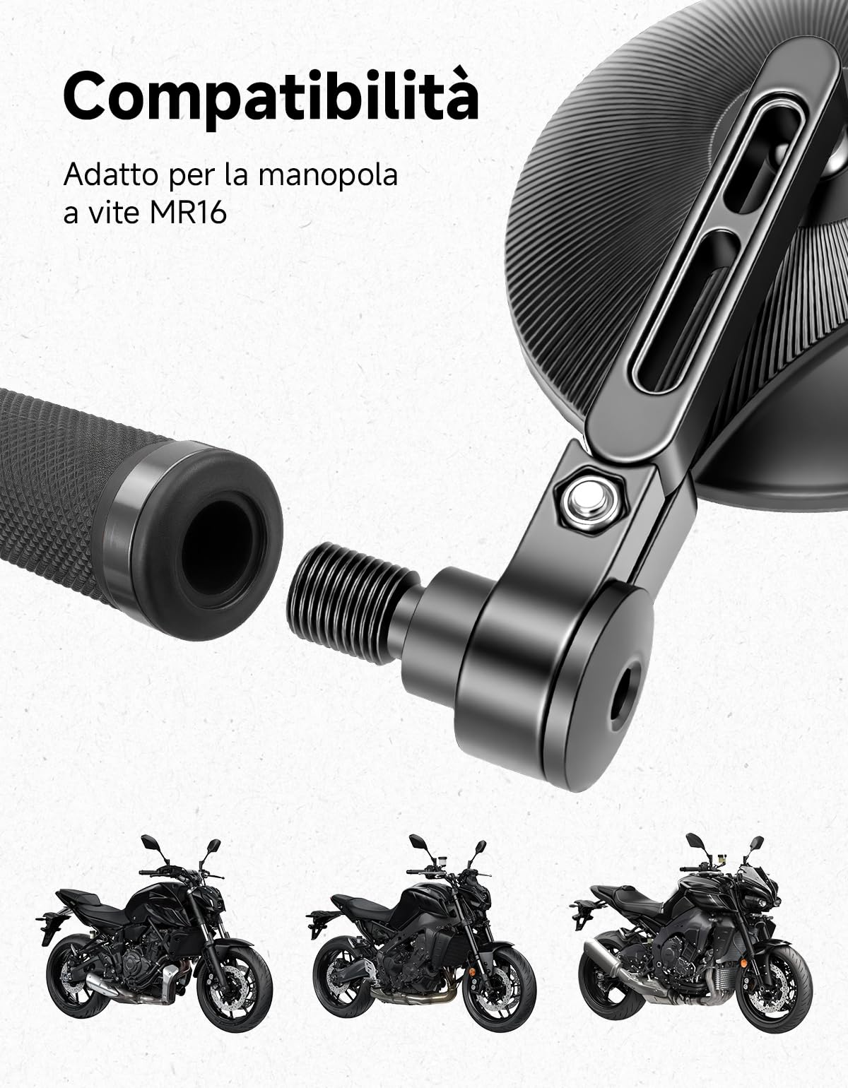 KEMIMOTO Specchietto Retrovisore Manubrio, Specchietti Moto Omologati E24 con CNC per MT-07, MT-09, XSR700, XSR900, TMAX, Tondi Specchi Moto per Maniglia a Vite MR16