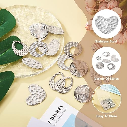 Miniatura 2 de Mega Pet 24 colgantes de acero inoxidable con textura ondulada, dijes de metal, forma de corazón, forma de lágrima, redondos, de acero, planos, para