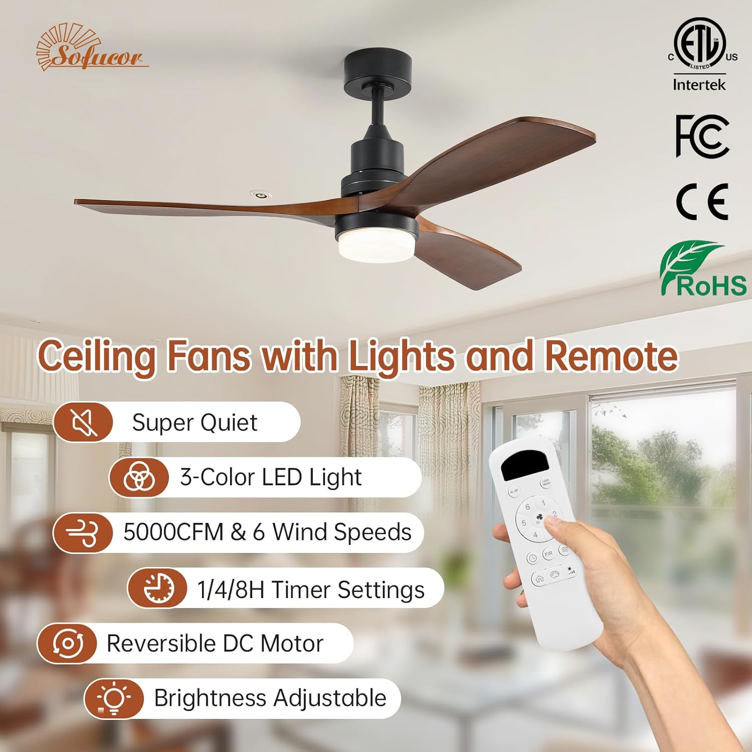 Sofucor 52 Inch Ceiling Fan with Light and Remote - 3 Solid Walnut Wood Blades, Quiet DC Motor, 6 Speeds 5000CFM, Dimmable 3-Color LED with Memory, Timer & Reversible for Indoor Outdoor, ETL