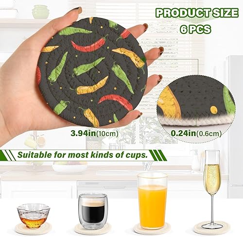Miniatura 3 de innewgogo Chili Peppers 6 Pcs Absorbent Drink Coasters for Tabletop Protection Handmade Round Woven Coaster with Holder & Heat Water Resistant Bulk