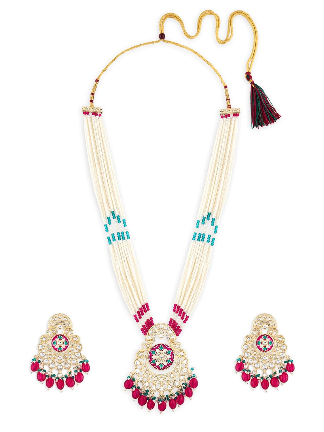 ZAVERI PEARLS Multicolor Meenakari Dazzling Stones Multistrand Beaded Long Necklace & Earring Set For Women-ZPFK19071