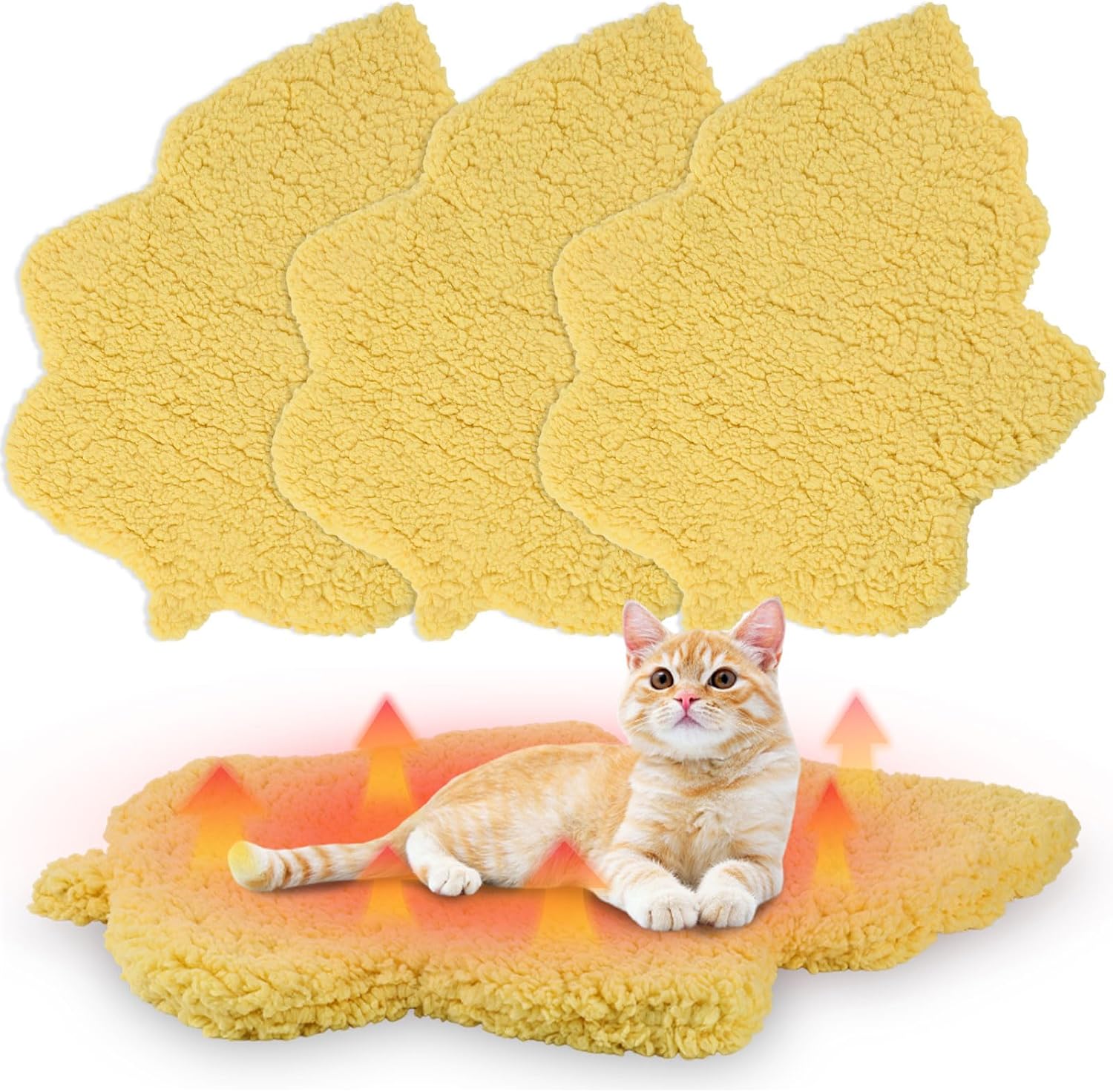 3 Pack Self Warming Pet Bed Leaf Shape Self Heating Cat Dog Mat Washable Thermal Sleeping Pad for Indoor Outdoor Hedgehog, Bunny, Sugar Glider, Rat, Chinchilla(Light Yellow,Medium-18 x24)