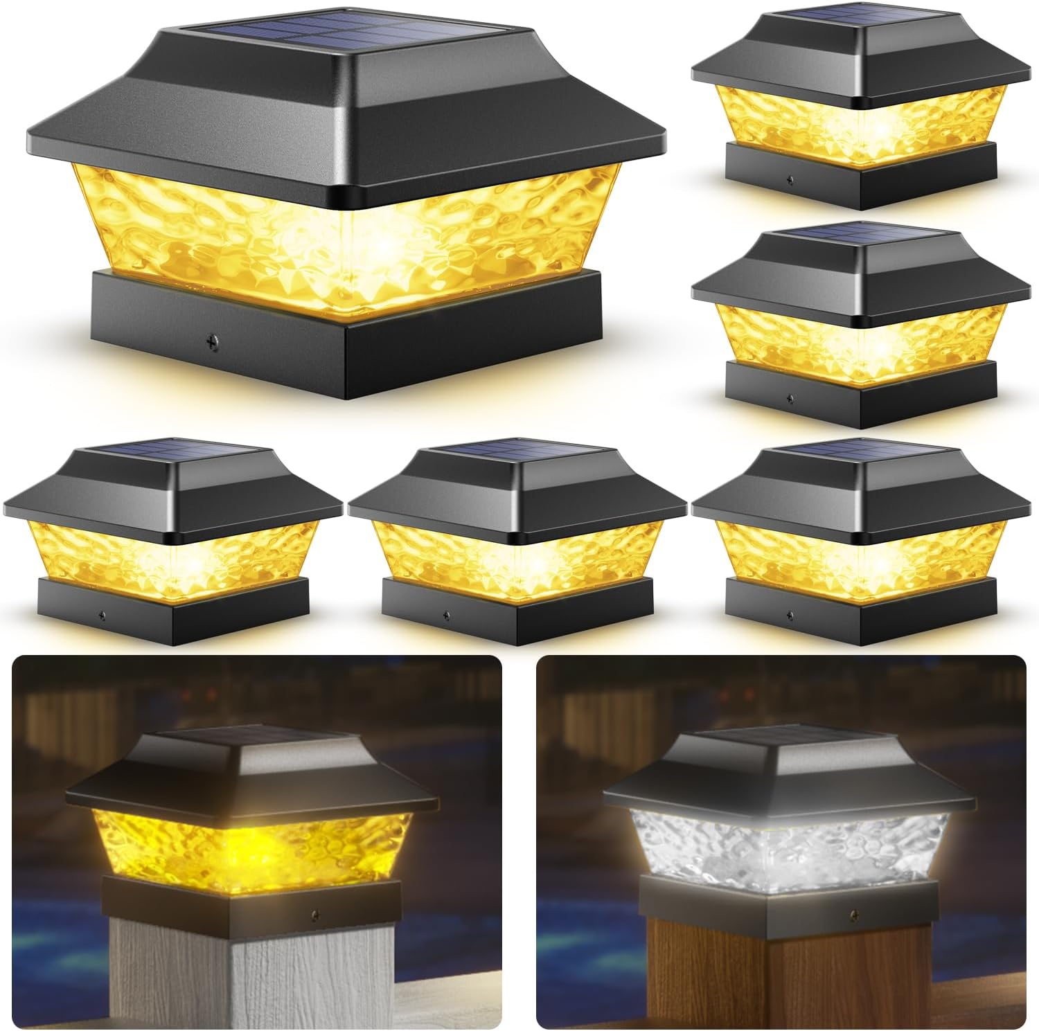 SIEDiNLAR 4x4 Solar Post Cap Lights 2 Modes Metal Deck Fence Post Light Waterproof Outdoor for 3.5x3.5 4x4 Vinyl Wooden Posts Patio Garden Decor, Warm/Cool White (12 Pack, Black)