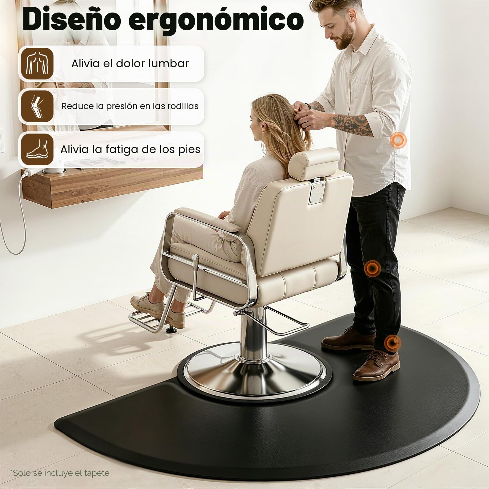 Alfombra antifatiga para salón de peluquería, alfombra con absorción de golpes, 3 x 5 pies para peluquería y sillas de salón (negro - semicircular)
