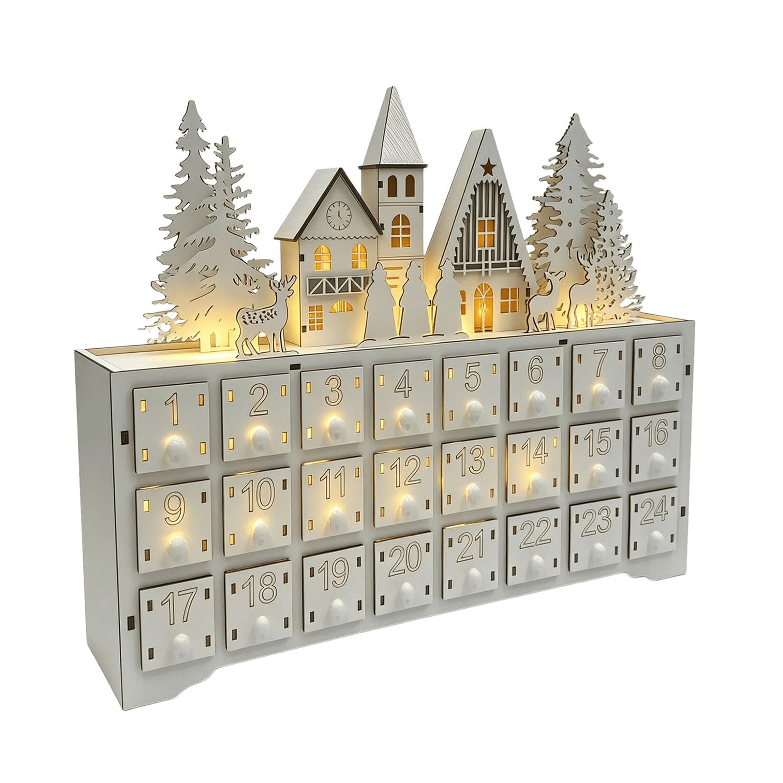 Eingangstisch, Weihnachtsdekoration, Weihnachts Adventskalender aus Holz mit 24 Schubladen, freistehendes Dorf Countdown Aufbewahrungsstück für kleine Überraschungen, Adventsschubladen Dekoration,