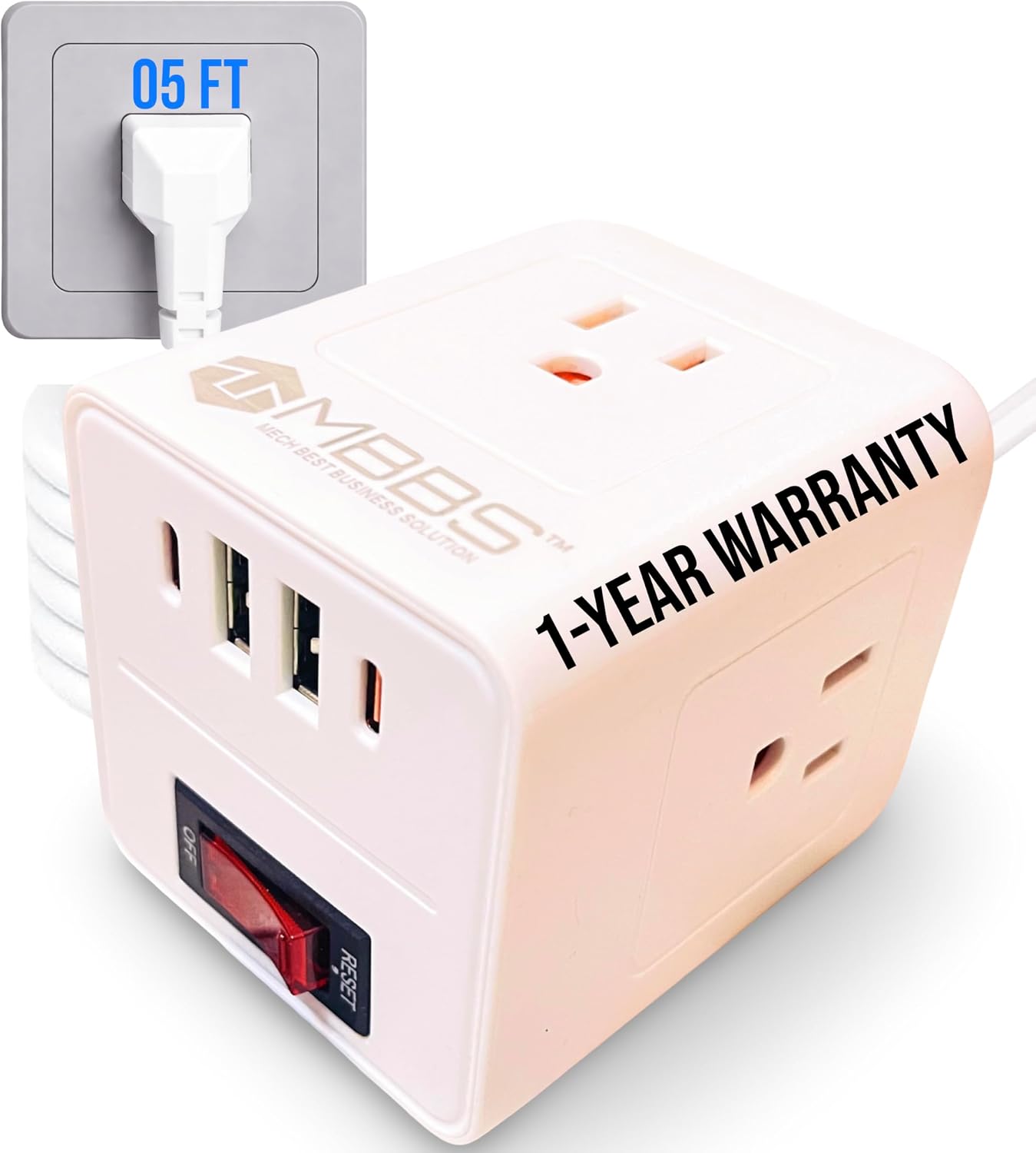 Surge Protector MBBS Power Cube with 3 AC Outlets & 4 USB Ports (2 USB-C), Compact Power Strip with 5 Ft Extension Cord, Space-Saving Design for Home, Office & Travel, White (5 Ft)