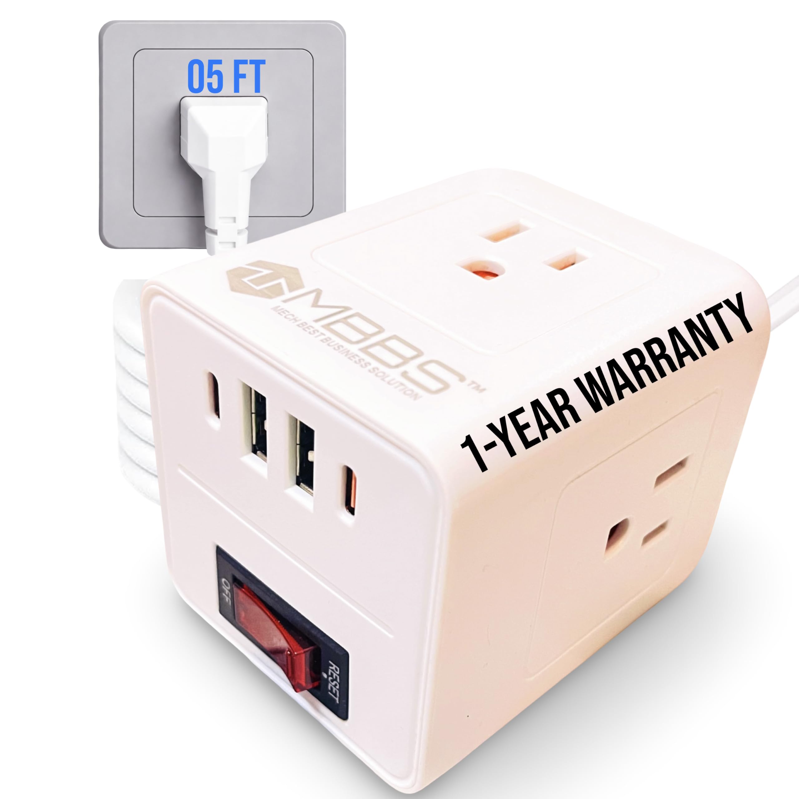 MBBS Power Cube - Kompakte Steckdosenleiste mit 3 AC-Ausgängen und 4 USB-Ports mit 2 USB C Ports, Überspannungsschutz 900J, platzsparendes Würfeldesign für Zuhause und die