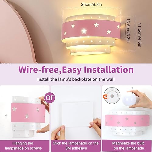 Miniatura 6 de Lightess Aplique de pared rosa funciona con pilas para habitación de niñas, luz LED regulable, lámpara de pared inalámbrica para decoración de