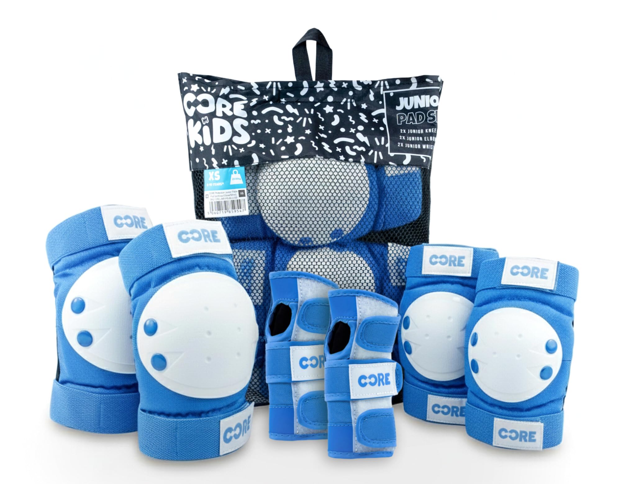 CORE Junior Triple Pad Set Knee Pads Elbow Pads Wrist Guards 6 in 1 Protective Gear Set for Kids Youth Adult for Skateboarding Scooter Cycling BMX Skating Skate - XXS (3-7 Years) - Blue