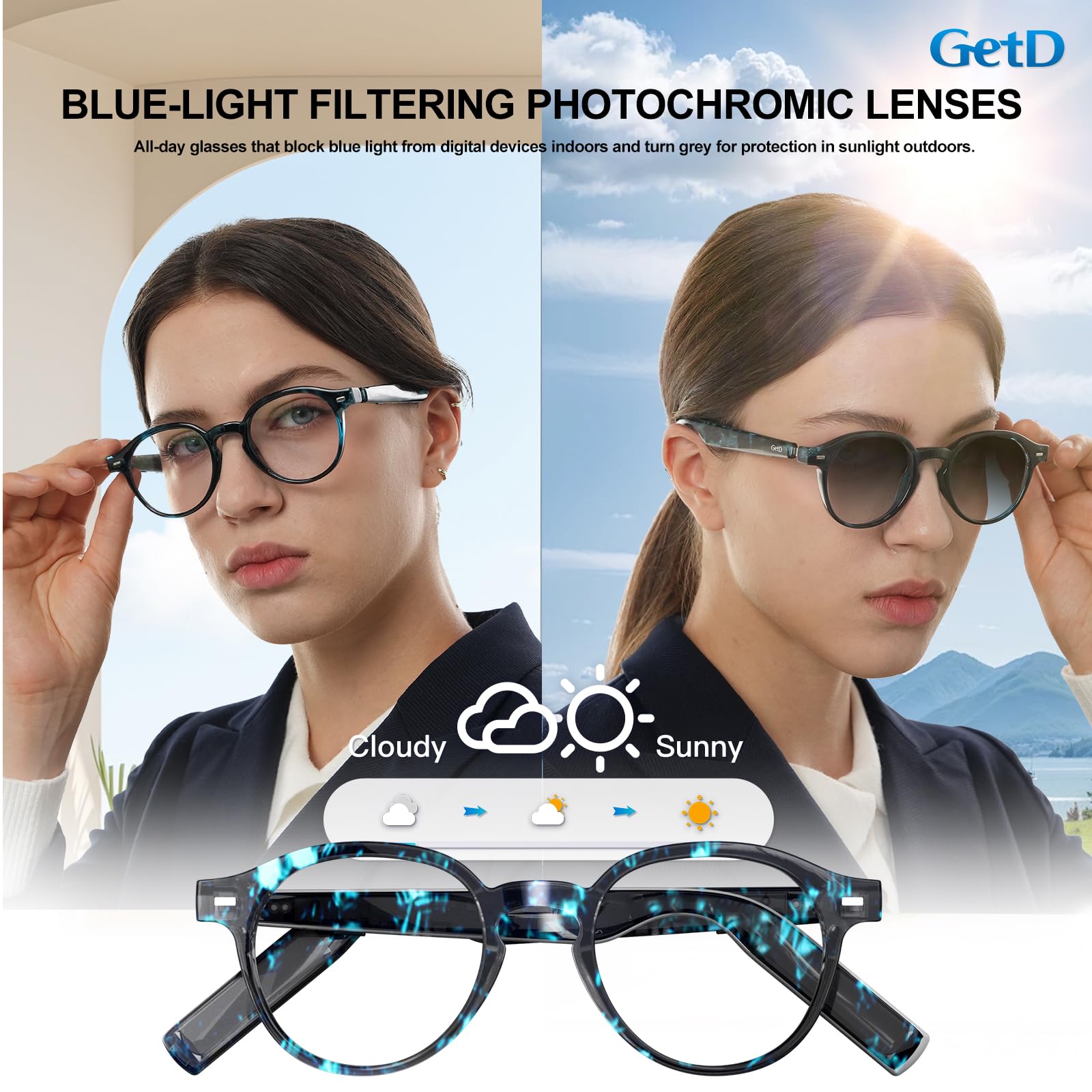 GetD Lunettes intelligentes, lunettes de soleil polarisées, lunettes de musique Bluetooth, batterie 11H pour homme/femme, écouteurs et lunettes 2 en 1 (GG24lite-C3)