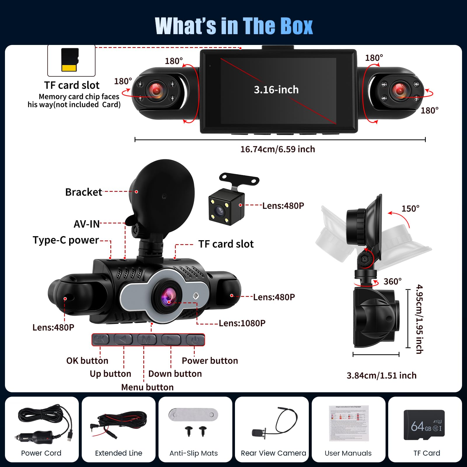 Inefala 360°Dash Cam 4 Canaux, 1080P Dashcam Voiture Avant Arrière Intérieur avec Carte SD 64G, Caméra Embarquée Voiture avec Enregistrement en Boucle G-Sensor Vision Nocturne Grand Angle 150°