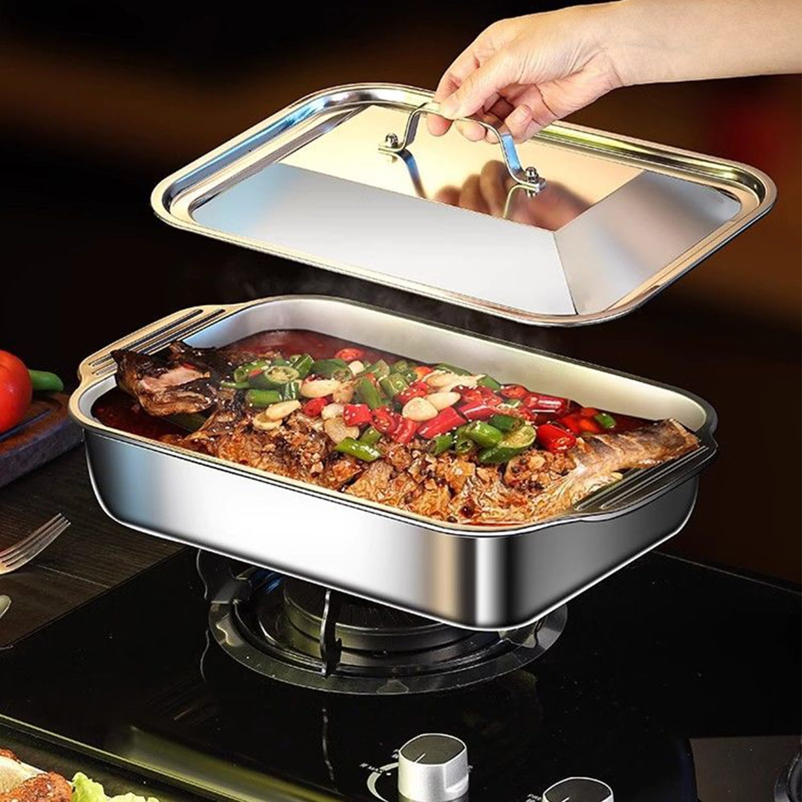 Générique de Four en Acier Inoxydable,Moule De Four Avec Couvercle Et Poignée,Matériel Étanche Pour La Cuisson | pour la Cuisson de Gâteau Pizza au et pour Cuisine Maison Fête
