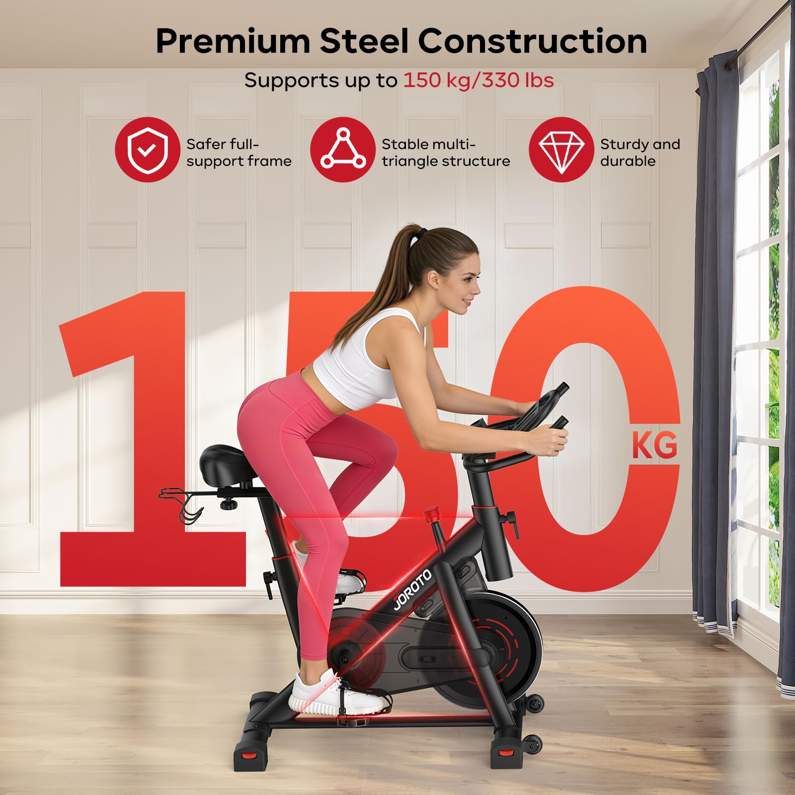 JOROTO Heimtrainer Fahrrad mit App & Bluetooth, leiser Magnetwiderstand | Indoor Cycling Bike mit bis 150kg, Hantelständer & Flaschenhalter, LCD-Display, Fitnessbike für Zuhause