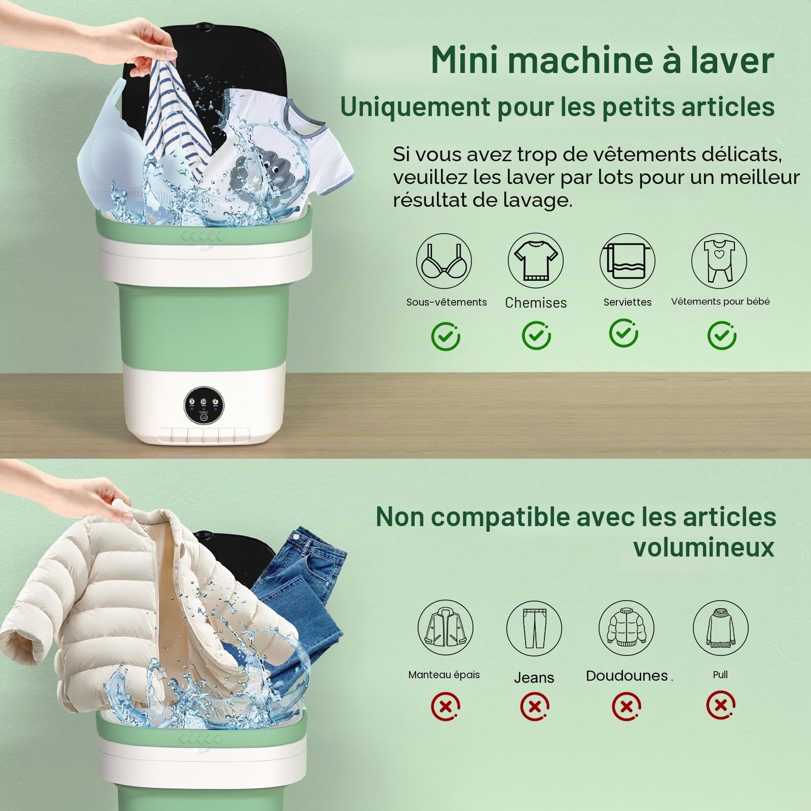 Mini Machine à Laver Portable 12L avec 3 Modes de Nettoyage & Panier d'Essorage Amovible