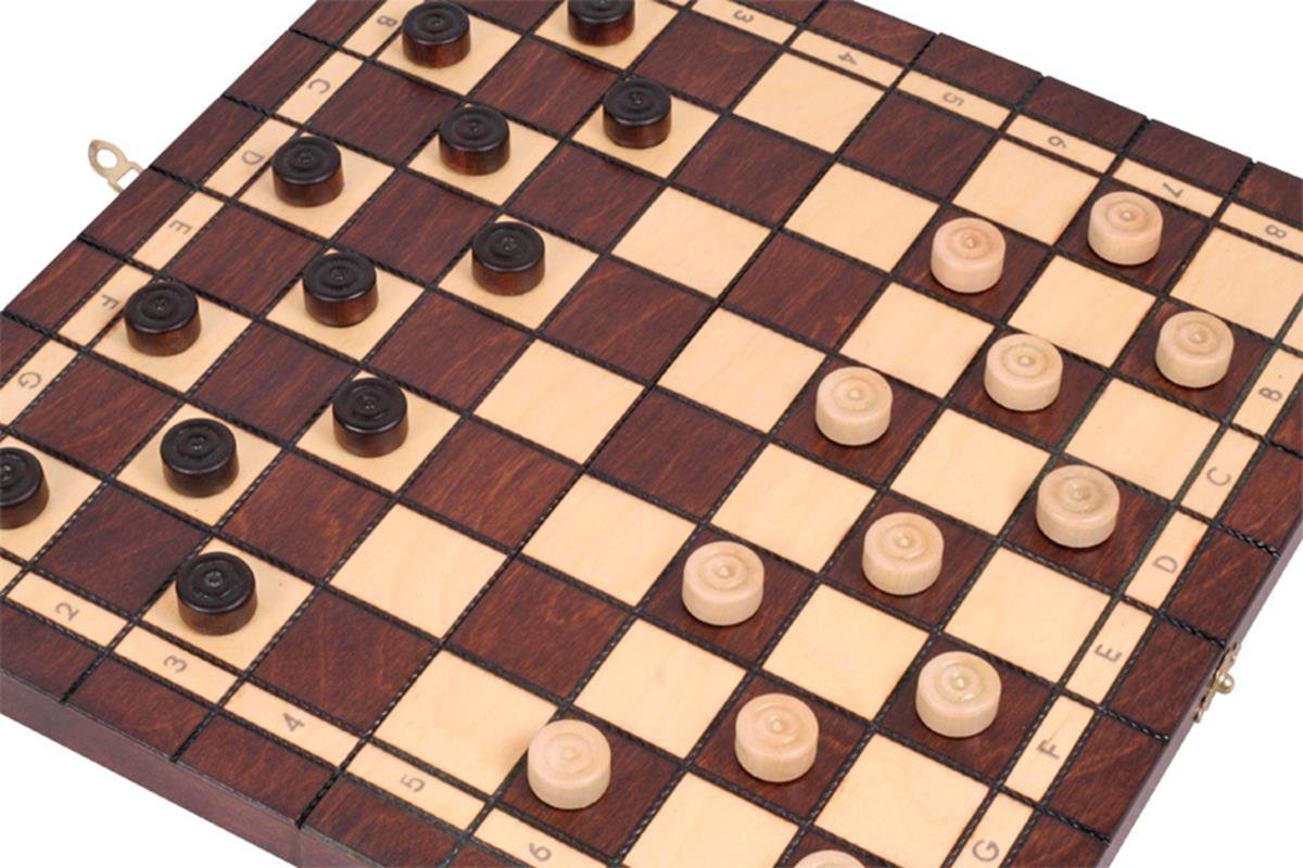Sunrise Chess & Games - Scacchi e dama gioco in legno 2 in 1 35 x 35 cm - Piccola scacchiera pieghevole con pezzi in carpino