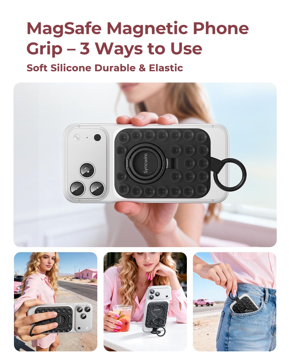 Syncwire Supporto Anello Magnetico in Silicone con Ventosa Forte per Custodia MagSafe – Anello Porta Cellulare per iPhone/Android, Mani Libere, Selfie, Video & TikTok, Nero
