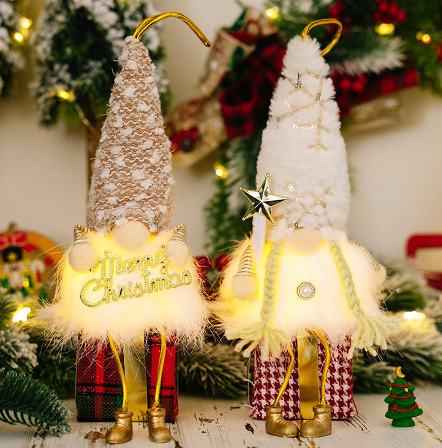 Lighted Christmas Gnomes Decorations 2 Pack, Handmade Gnome Christmas Hanging Ornaments Christmas Tree Decorations Swedish Tomte Elf Santa Gnome Gifts for Farmhouse Tiered Tray Table Hodiday Decor