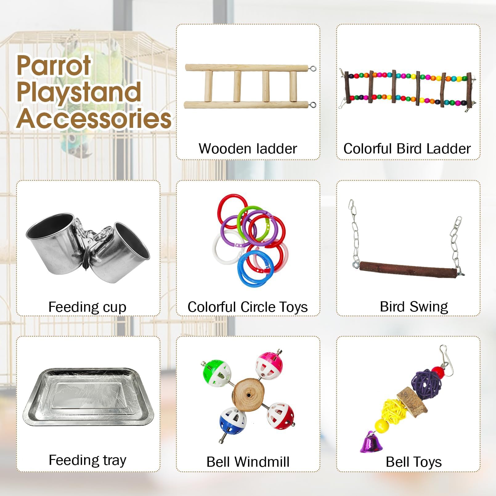 PINVNBY Bird Playground Parrot Playstand Play Gym Cockatiel Wood Bird Toys Birds Cage Accessories Playpen Ladder with Feeder Cups Hanging Swing Toys for Parakeet Conure Lovebird Cockatiel - image 2