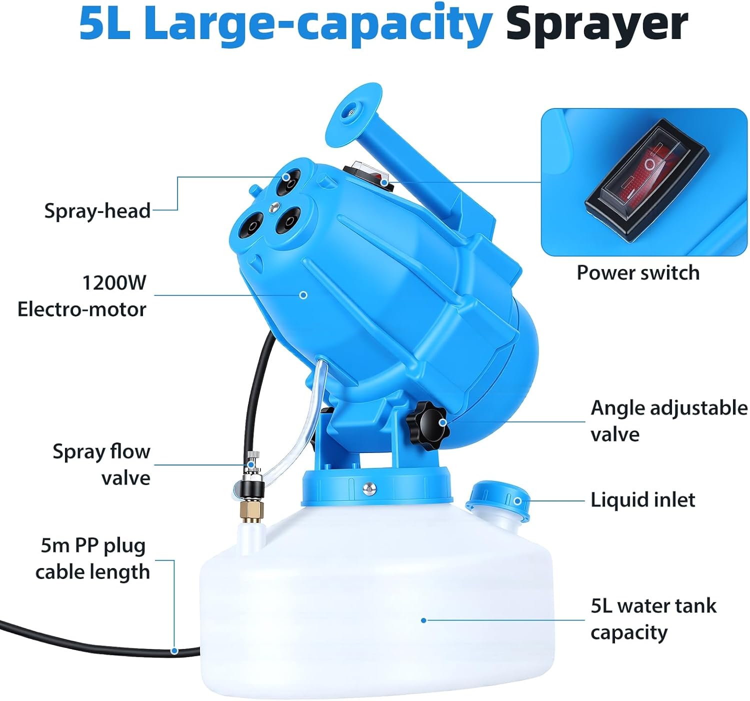 5L Electric ULV Fogger Sprayer, Portable Cold Fogger with 3 Nozzles Adjustable Flow Rate, 30ft Spraying Distance 14-25 Microns, 150-330ml/minute, for Home School Lawn Yard Blue US Plug