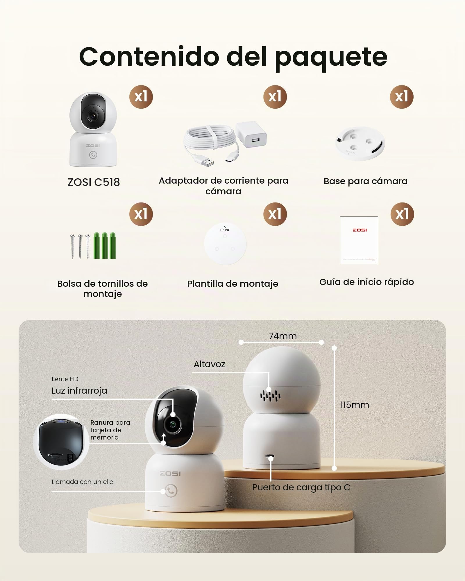 ZOSI 4K C518 Cámara Vigilancia Seguridad WiFi Interior para Bebé/Mascota, Detección y Seguimiento de Movimiento, Vista de 360°, Audio Bidireccional, 2.4G/5G WiFi, 64GB Tarjeta Incluida | Detección y seguimiento de personas/mascotas, giro de 360°, audio bi