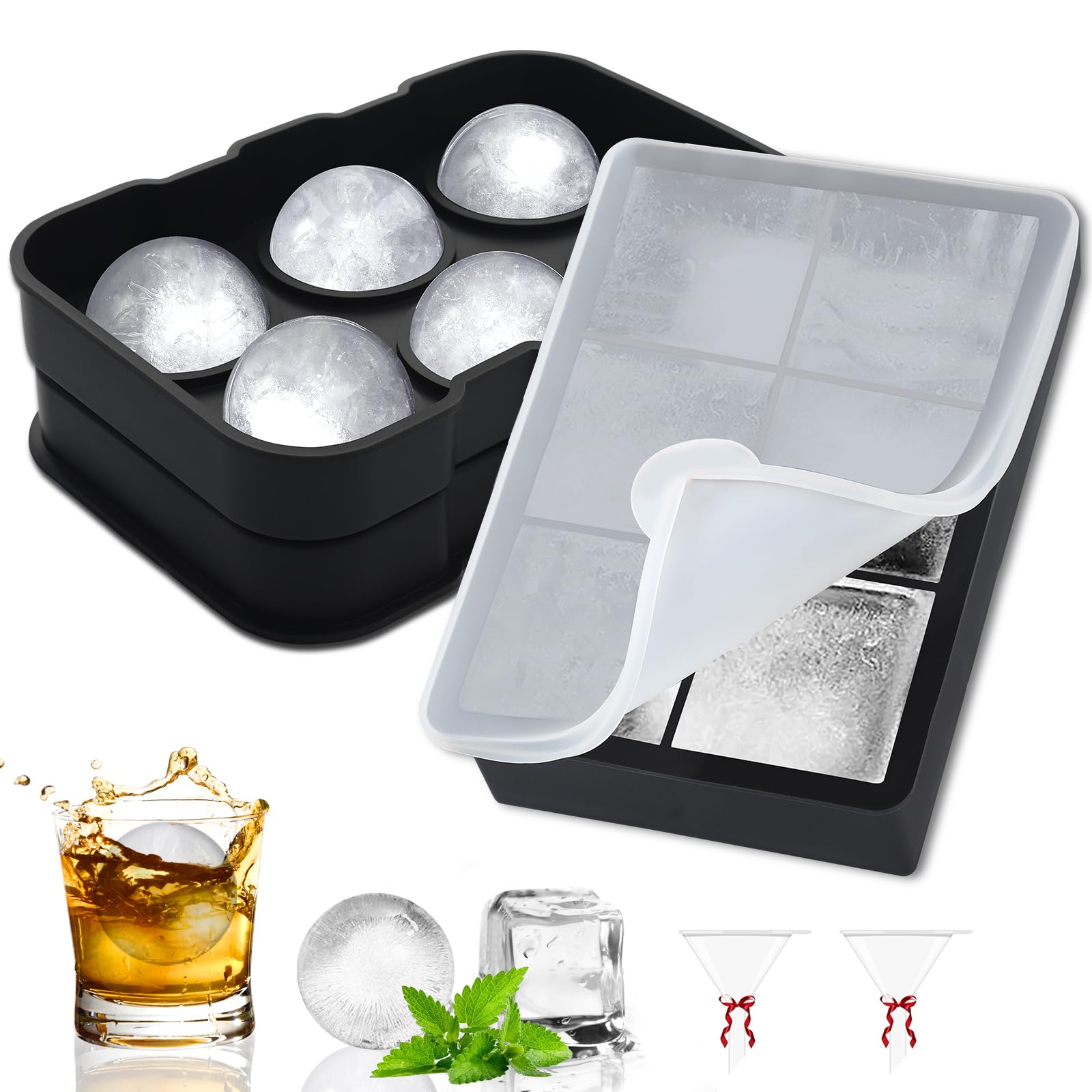 Gucass 2 sztuki silikonowe formy na kostki lodu z pokrywkami, 5 cm, 6 przegródek, duże, okrągłe i prostokątne formy na kostki lodu, bez BPA, tacki na kostki lodu do whisky, koktajli, wina, owoców