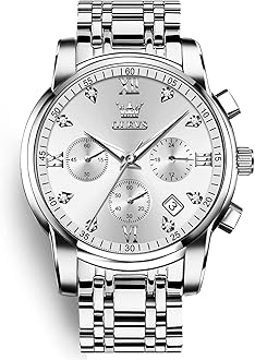 Men's Chronograph Watch, Gold Silver Stainless Steel Analog Quartz Watch, Waterproof Multi-Function Dial with Date Diamond Watches for Men