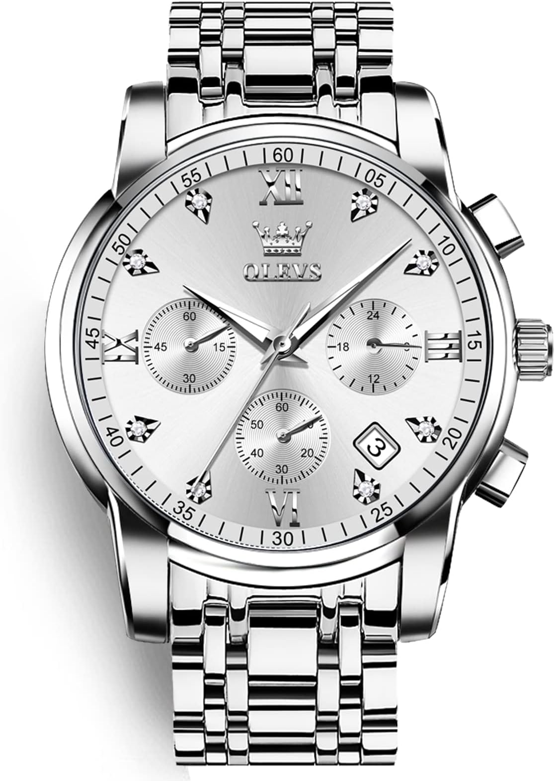 – Men's Chronograph Watch, Gold Silver Stainless Steel Analog Quartz Watch, Waterproof Multi-Function Dial with Date Diamond Watches for Men