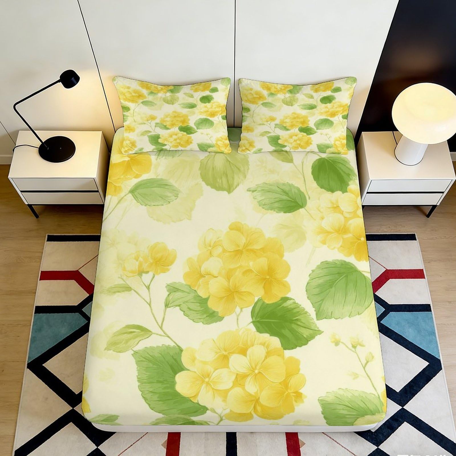 3D Printed Yellow Hydrangea Fitted Sheet Microfiber Soft Breathable Green Leaves Bed Cover for Bedroom Dormitory Guest Room Mattress Protection 160x200x25cm