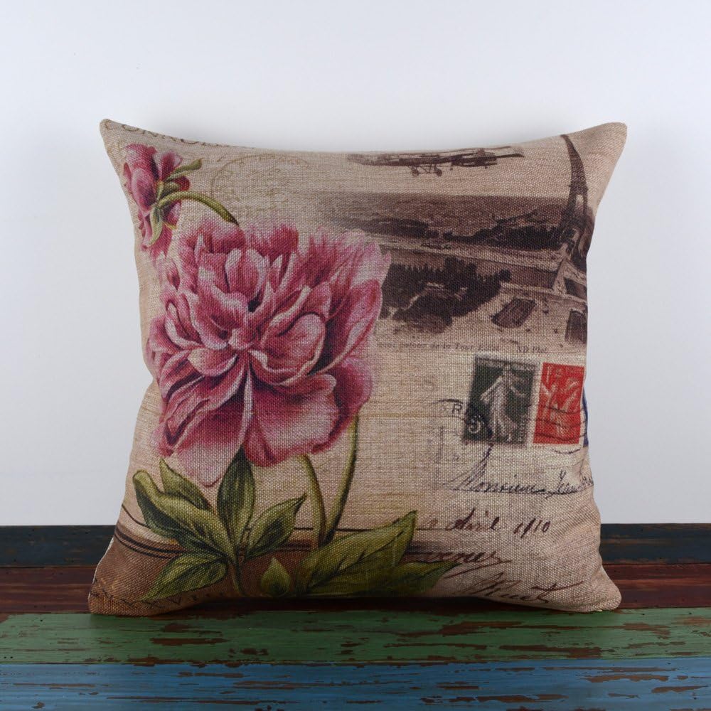 LINKWELL 45x45cm Retro Shabby Chic Flower Eiffel Tower Paris Linen Pillow Case Cushion Cover