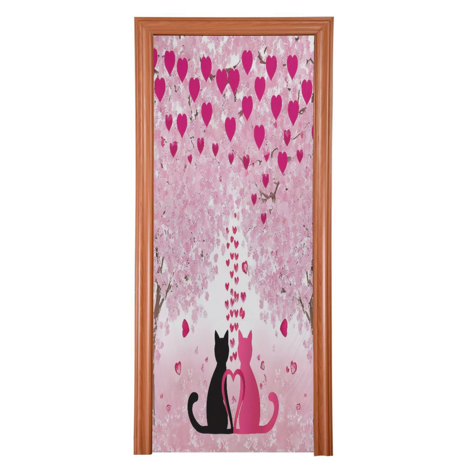 FLildon Valentines Cat Heart Floral Door Cover Decoration, Party Accessory Porch Decor for Festive Ornament Room Door Covers 32 x 79 Inch