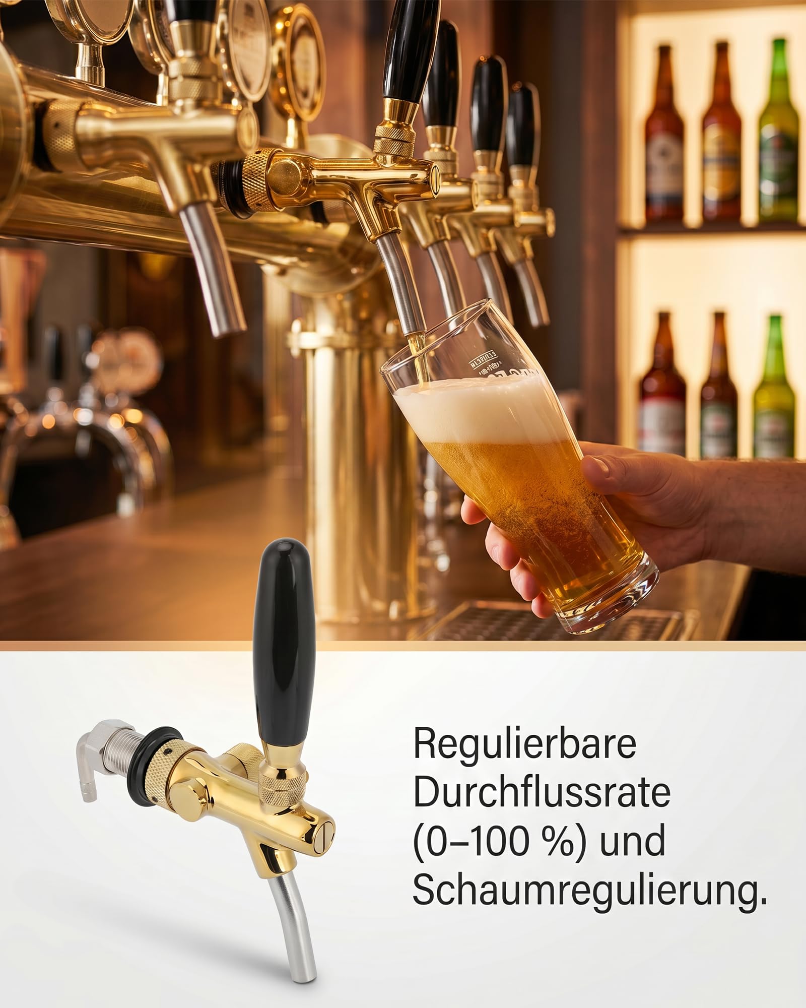G5/8 Verstellbarer Bierhahn: Bierhahn Einstellbare Bierzapfhahn mit Durchflusskontrolle für Zapfanlage Edelstahl Messing für Bar Zuhause Restaurant (Gold)