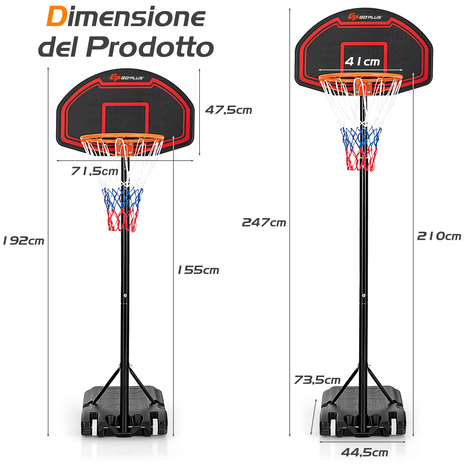 COSTWAY Canestro da Basket Bambini da Esterno, Canestro da Basket Regolabile in 5 Altezze e Portatile con Rete Durevole e Tabellone Infrangibile, 44,5 x 73,5 x 155-210 cm