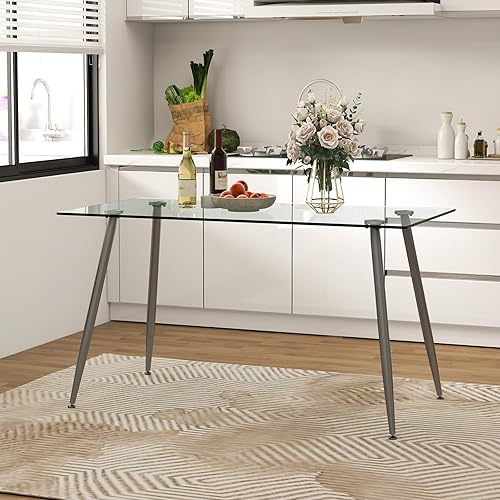 Miniatura 2 de Tangkula Mesa de comedor de cristal, mesa rectangular moderna con mesa de vidrio templado y patas de acero plateado, mesa versátil de cocina simple
