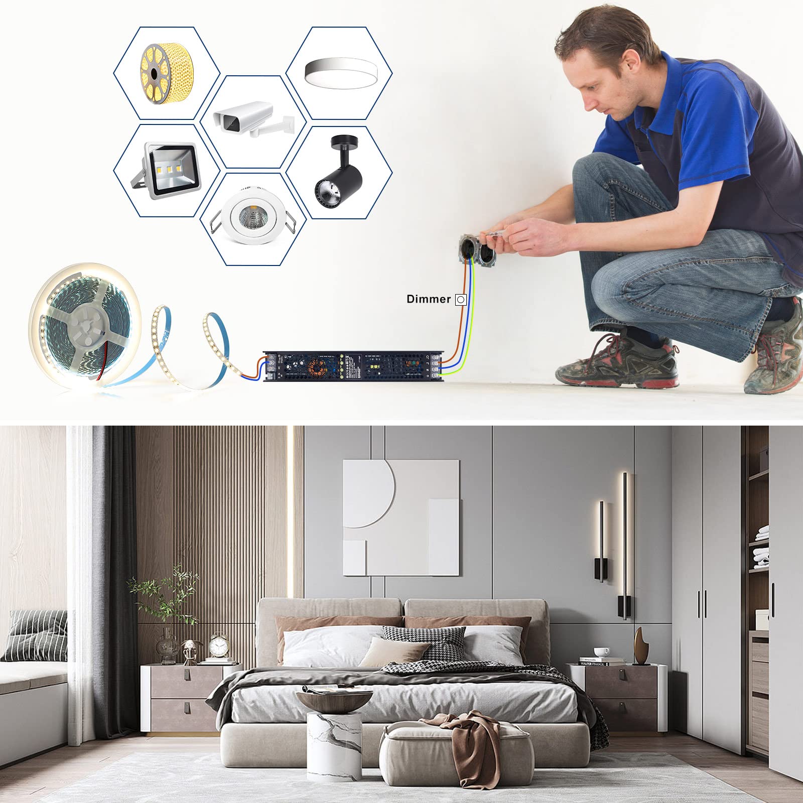 Transformador LED de 12 V, 200 W, 16,6 A, regulable, CA 230 V a 12 V CC, controlador electrónico de bajo voltaje, fuente de alimentación conmutada de voltaje constante, TriAC y 0/1-10 V, sin