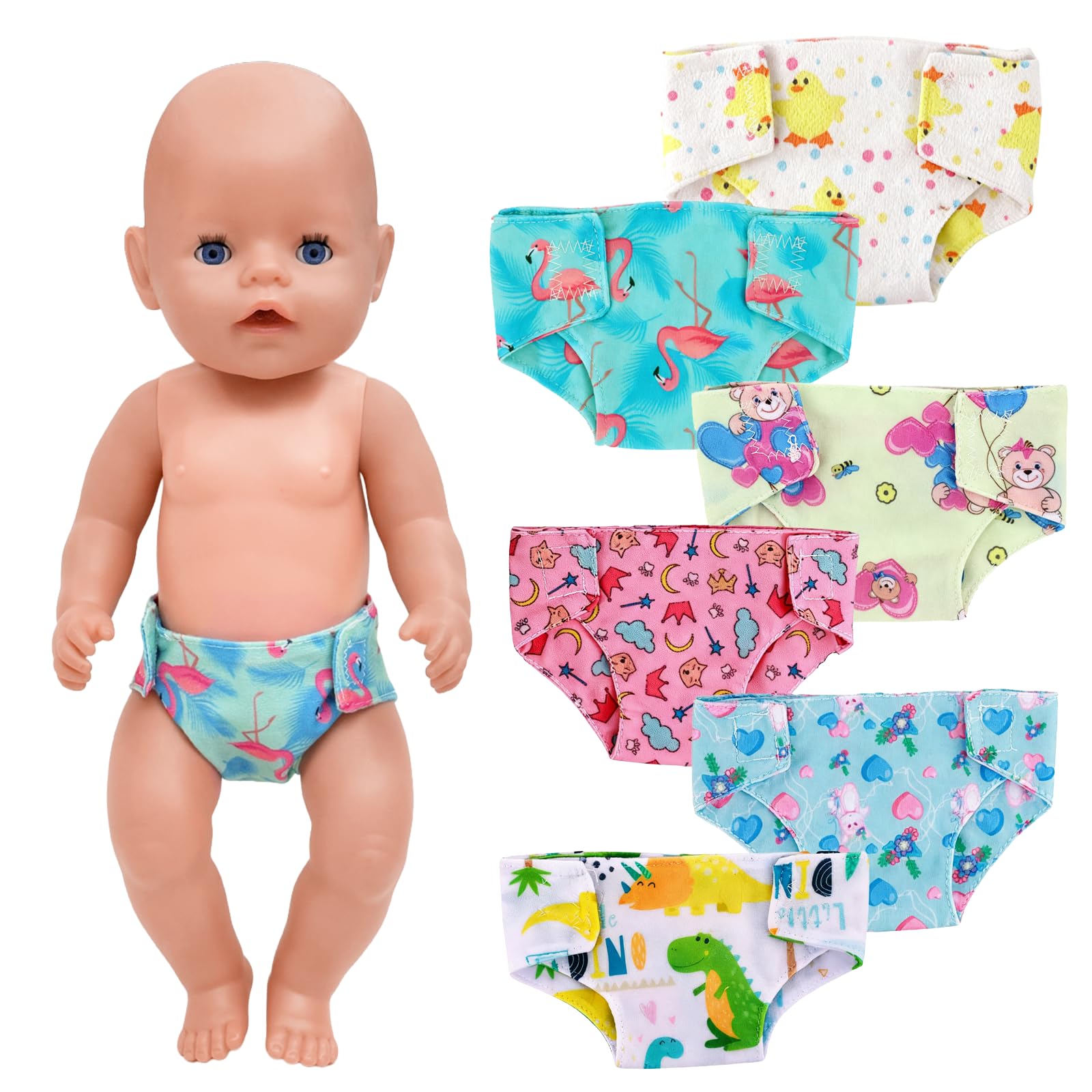 6 Pack Baby Doll Nappies for 14-18 Inch Dolls, Cute Baby Doll Diapers for Dolls 30/43/45 cm