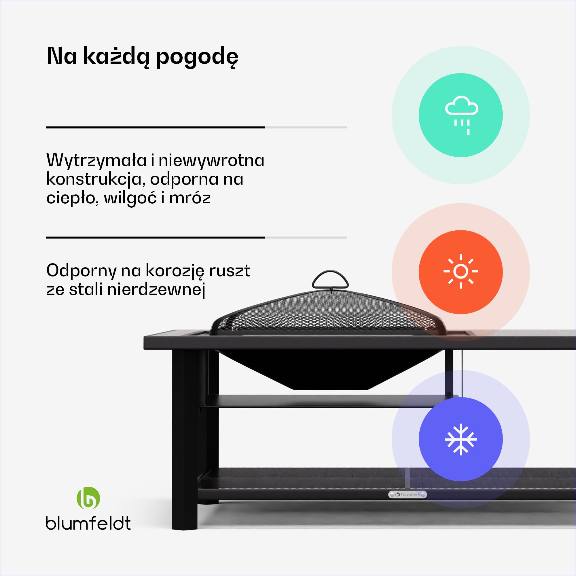 Blumfeldt Merano Avanzato L palenisko 3 w 1 z rusztem do grillowania i stołem, wytrzymała rama stalowa, blat stołu z terrazzo, w zestawie ochrona przed iskrami, pogrzebaczem i pokrywą, do ogrodu i na