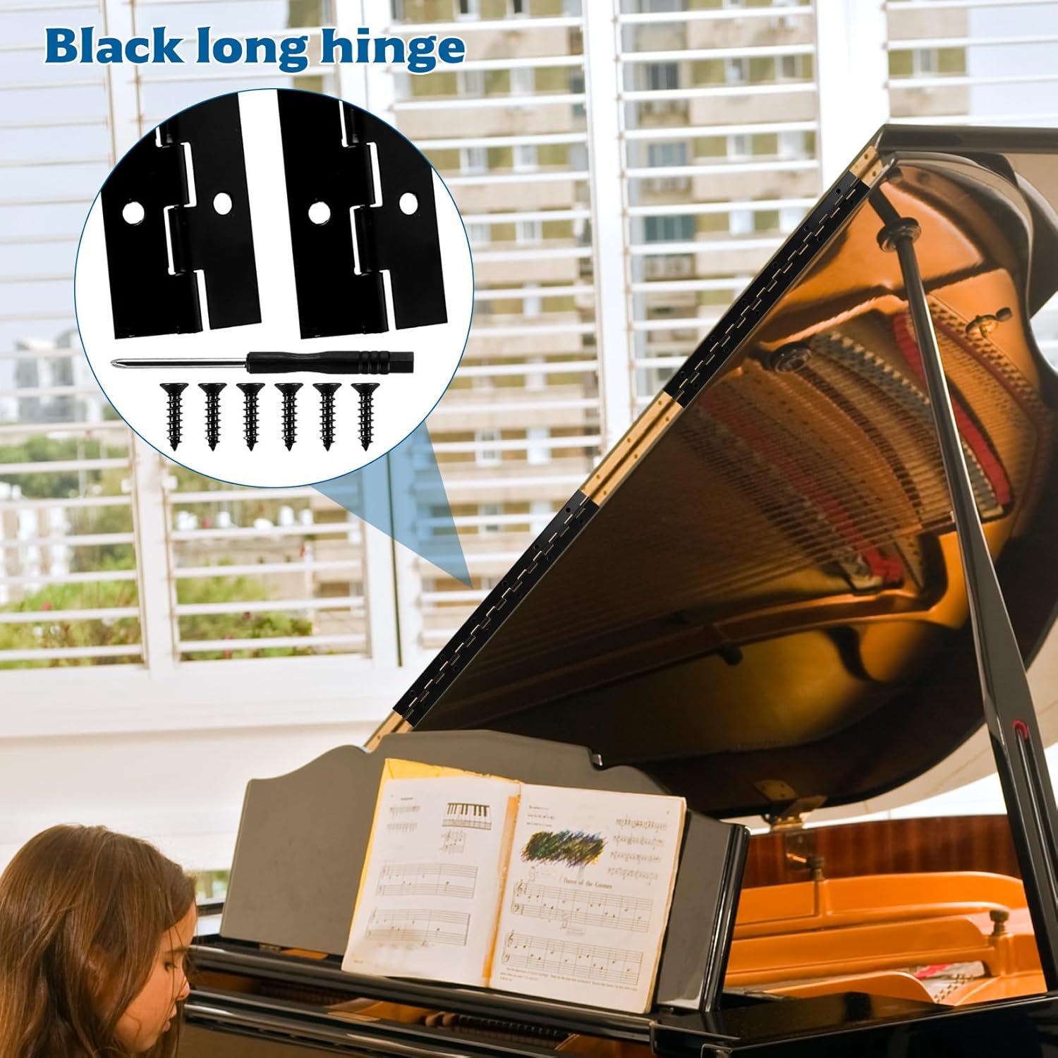 Piano Hinge 30 cm x 3 cm, Long Bar Hinge Black, Piano Hinges, Door Hinges Hinge Hinges, Connector Piano Cabinet Door Furniture with Screws, Screwdriver Pack of 4