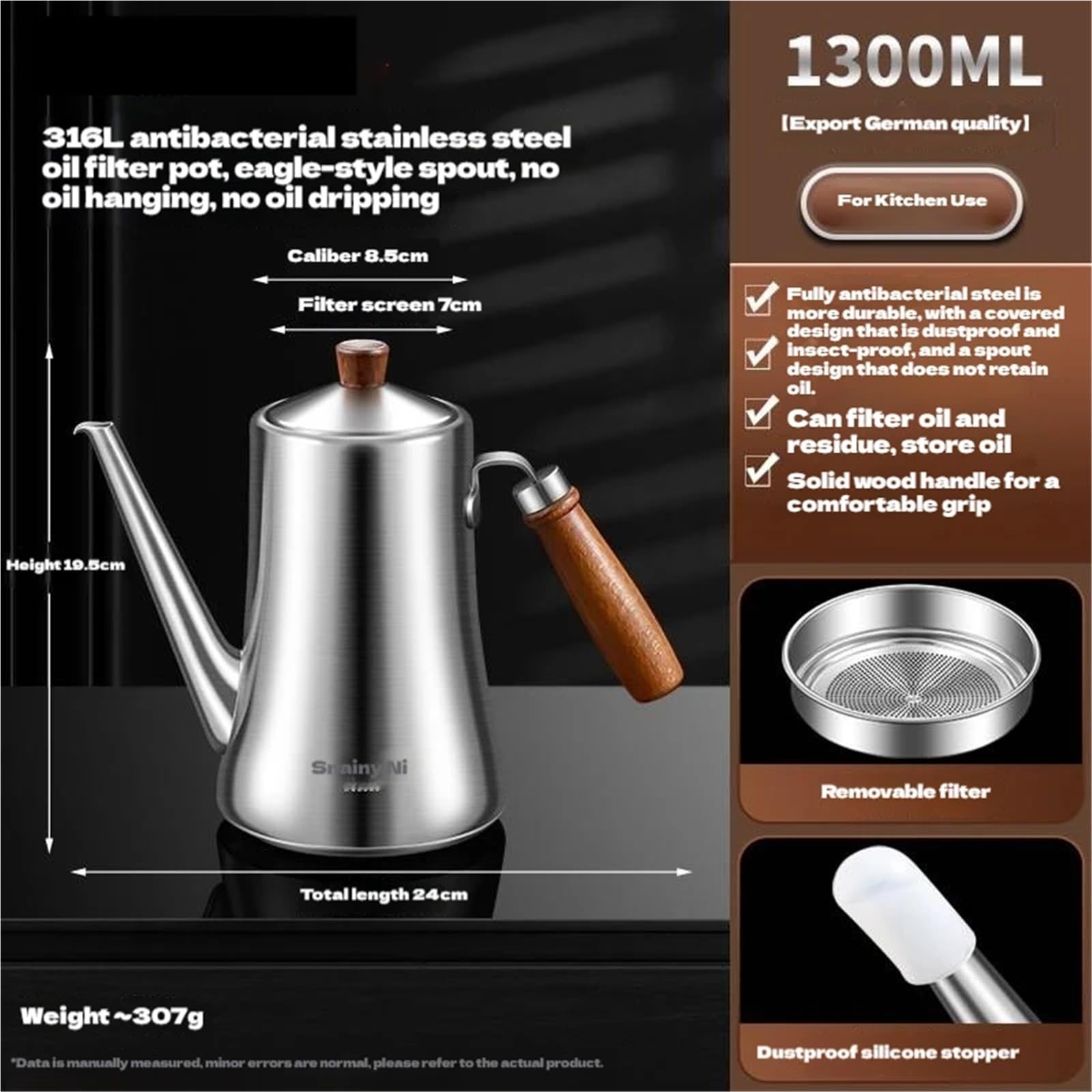 Botella Aceite Dispensador de aceite acero inoxidable 316 con boquilla a prueba fugas, botella mango, olla for verter sin goteo
