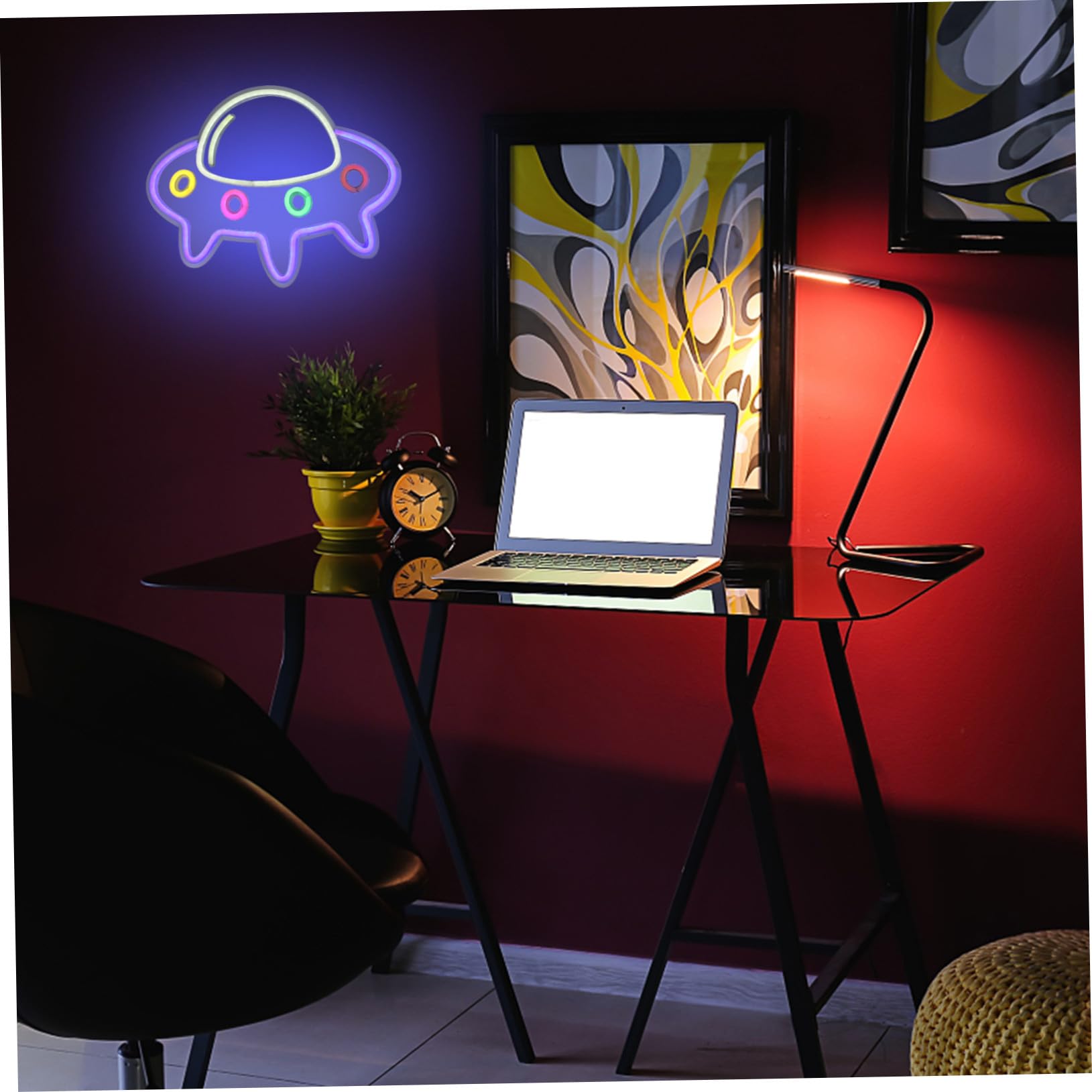WOONEKY Lámpara LED de Neón con Forma de Nave Espacial Luz Decorativa para Interiores Ambiental USB Iluminación Portátil para Dormitorio y Salón