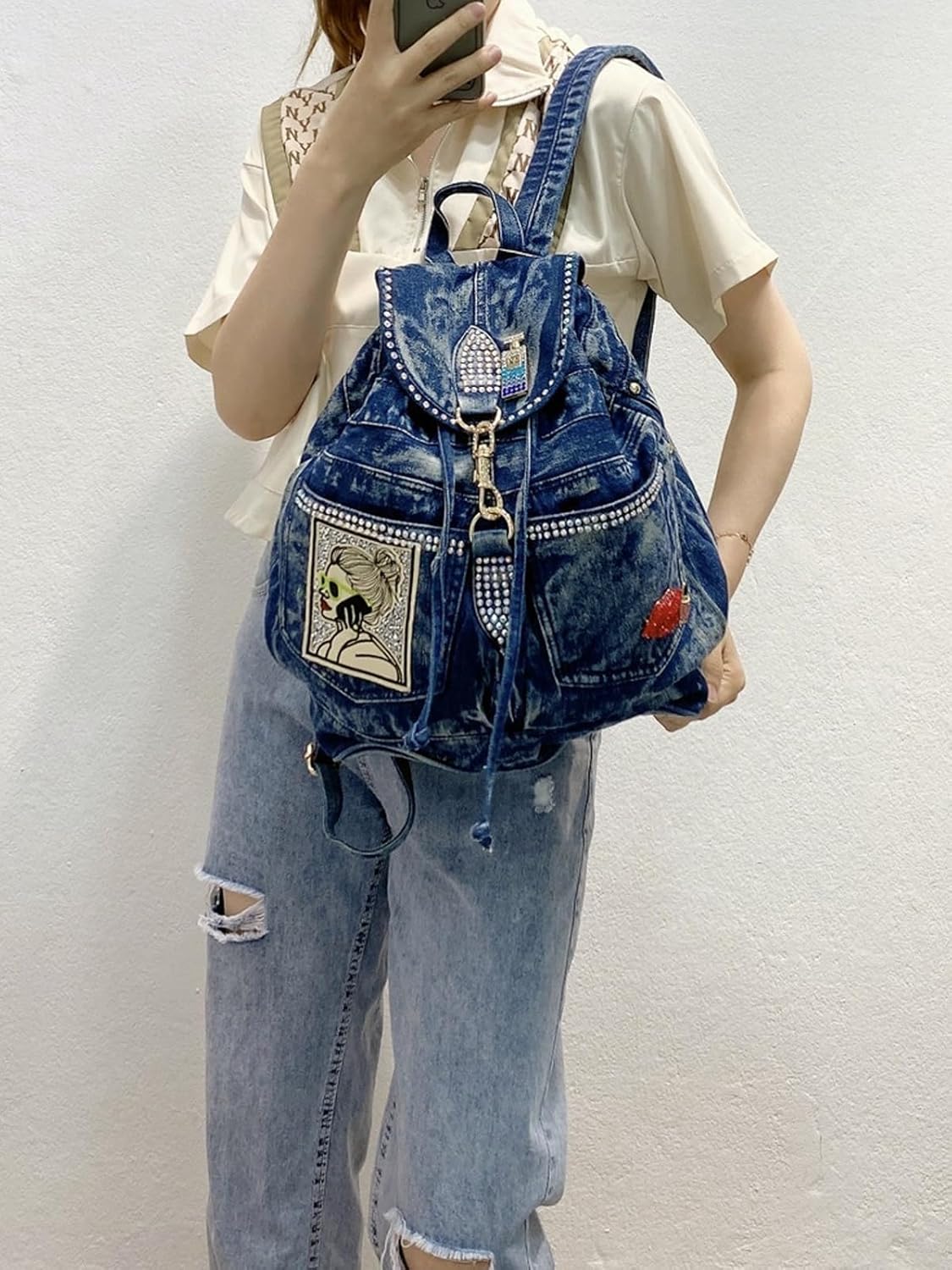 Fashion Denim Backpack for Women Jean Bags With Rhinestones Decorations Casual Daypacks Purse (Girl Blue)