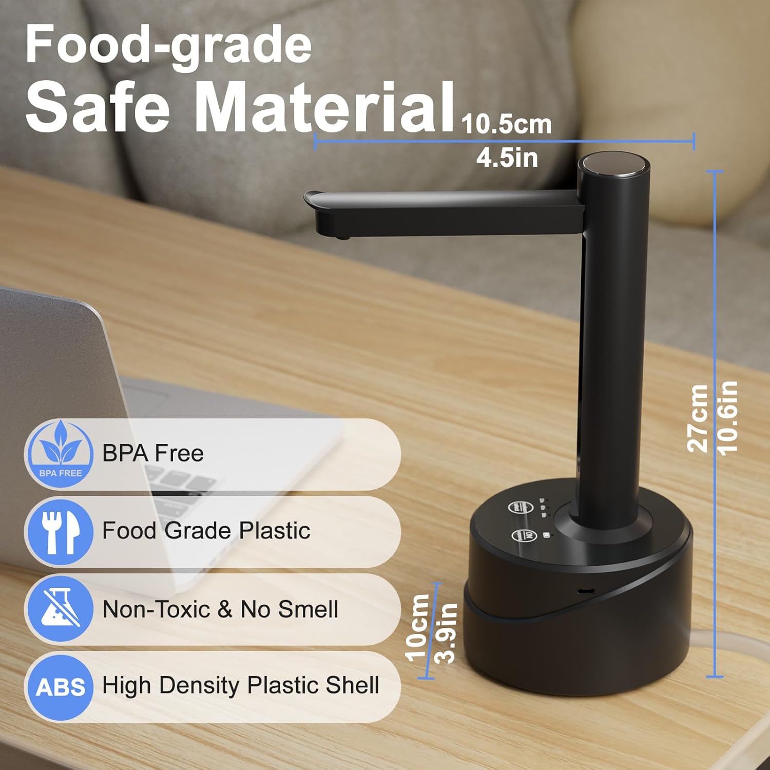 Latedaux 5 Gallon Dual-use Desktop Electric Water Bottle Dispenser, USB Type-C Charging Automatic Countertop Drinking Water Bottle Pump for 2-5 Gallon, Smart Water Jug Dispenser for Camping(Black) - Image 3