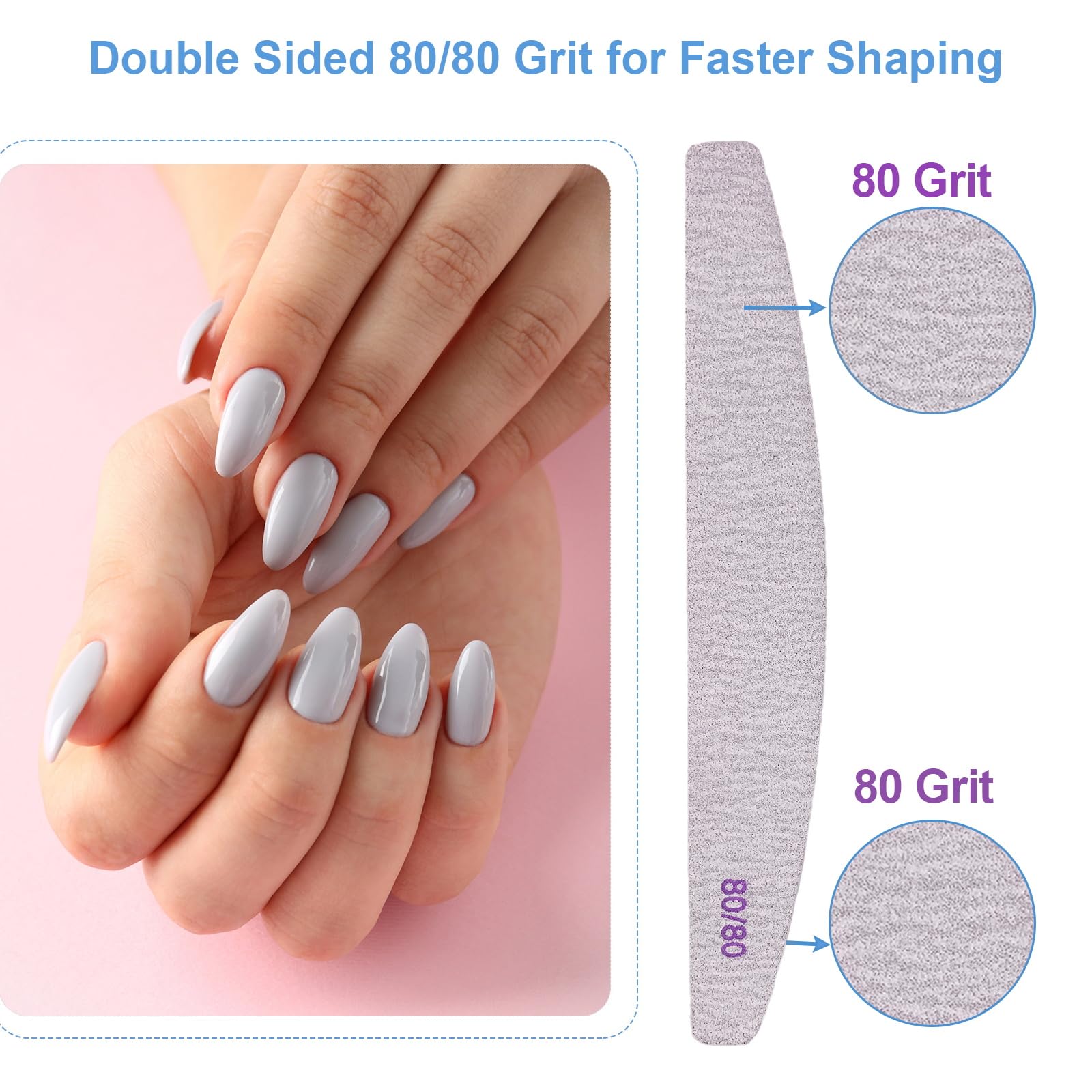 Limas de uñas de grano 80/80 (24 piezas), limas de uñas para uñas acrílicas y uñas de gel, tableros de esmeril de grano 80 de doble cara para uñas, lima de uñas profesional, reutilizable, lavable