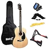 RockJam Acoustic Guitar Superkit Includes Stand, Gig Bag, Tuner, Picks, Plectrum Holder, Spare Strings & Online Lessons 6 Pack, Right, Natural, Full (RJW-101-N-PK)