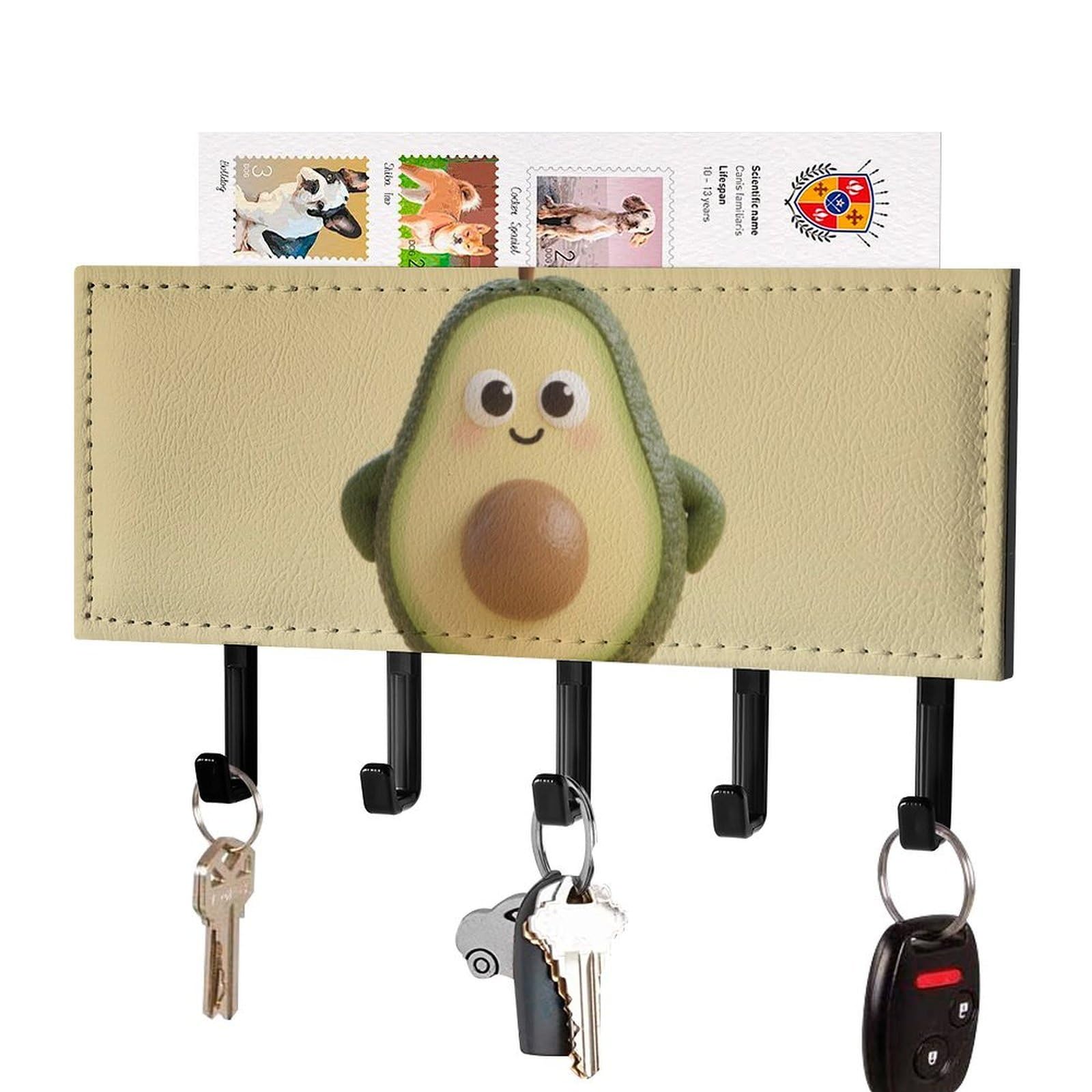 DWVTSLH Cute Avocado Key Holder for Wall, Decorative Key Hooks with Mail Organizer & 5 Hooks, Self Adhesive Leather Key Hanger for Entryway, Wall Mounted Key Rack (7.1” X 4.3” X 0.9”)